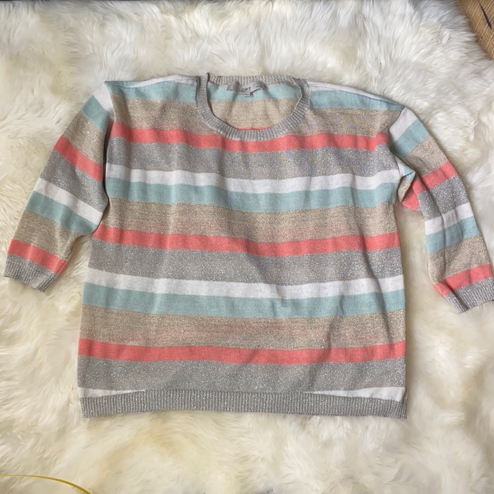 Cute, lightweight 3/4 sleeve sweater. Gray striping has subtle shimmer.